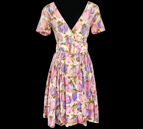 Pastel Pink & Purple Floral Fruit Vintage 60's Dress