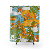 Retro 60s Psychedelic Sun and Swans Shower Curtain