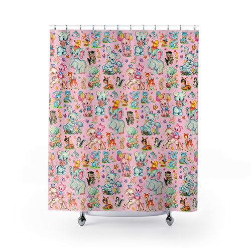 Pink Retro Kitschy Baby Animals Shower Curtain