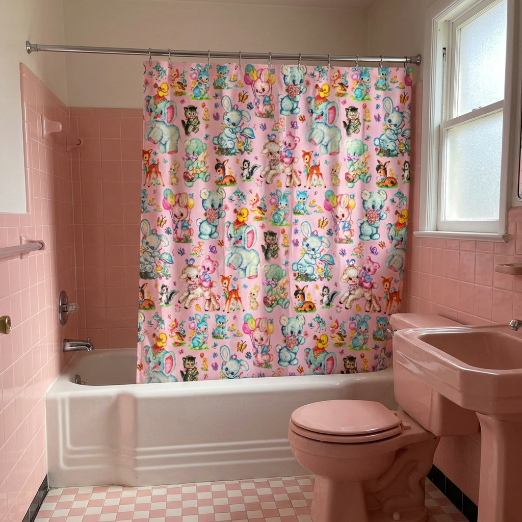 Pink Retro Kitschy Baby Animals Shower Curtain