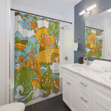 Retro 60s Psychedelic Sun and Swans Shower Curtain