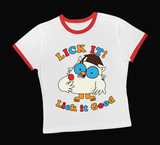 Lick it! Lick it Good - Retro Tootsie Pop Mr. Owl Women's Cropped Ringer Tee