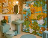 Retro 60s Psychedelic Sun and Swans Shower Curtain