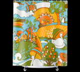 Retro 60s Psychedelic Sun and Swans Shower Curtain